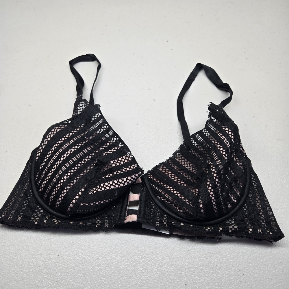 Victoria's Secret Women Bra 34C‎ Black Striped Bralette Underwired Lace